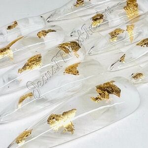 Clear and Gold Foil Press on Nails WHITE CLOUDS 2X Stiletto